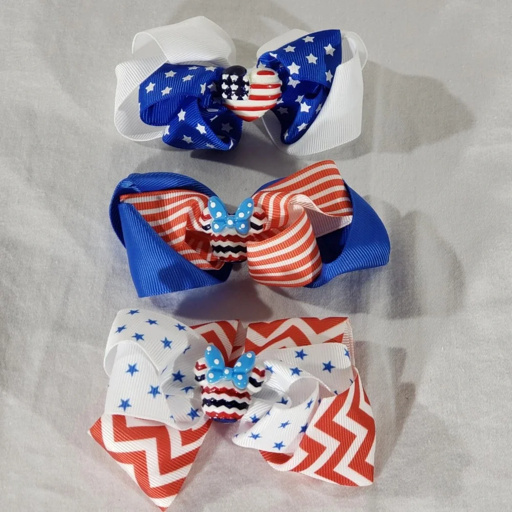 American Flag 4th of July Patriotic 2 Disney & 1 Heart Girls Bows Hair Clips 3Pk
